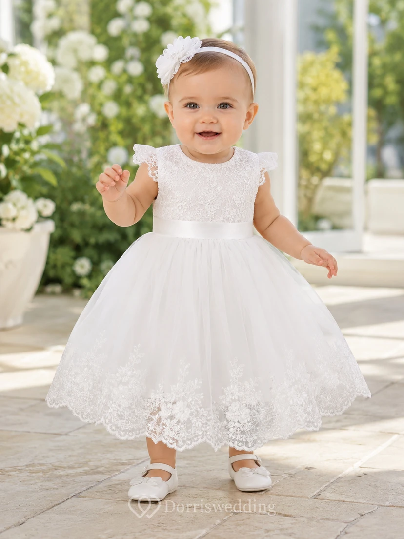 Taufkleid für Babys, A-Linie, Teelänge, Rundhalsausschnitt, ärmellos, Tüllspitze, Knopfleiste am Rücken, Oberteil aus Spitze