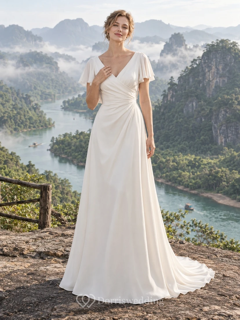 Vestido de novia sencillo de corte A con escote en V y mangas cortas con volantes