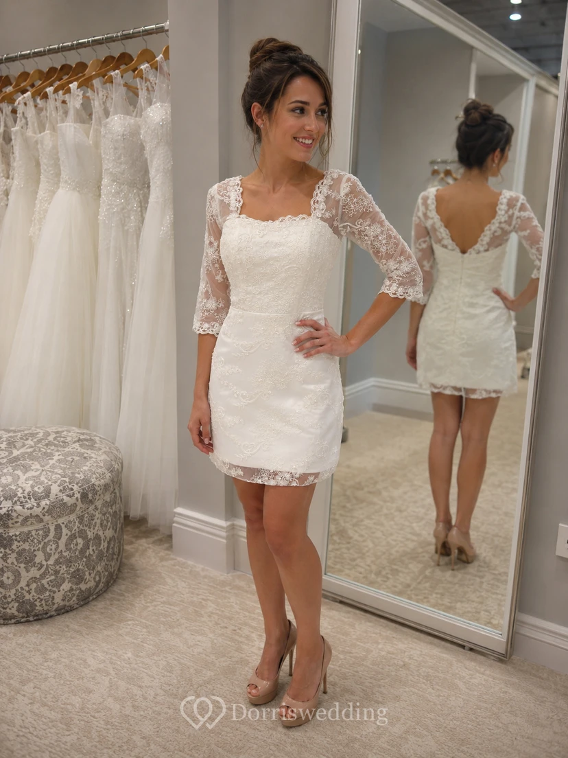 Vintage Half-Sleeve Short Dress With Lace Overlay view 6