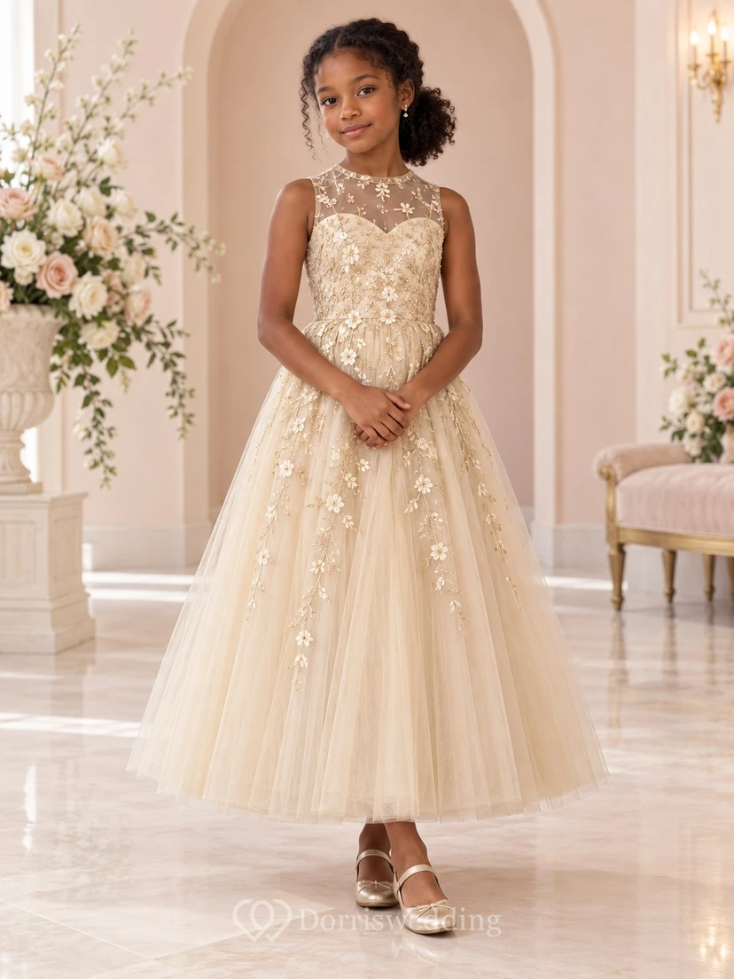 High-Neck Champagne Floral A-line Tulle Sleeveless Ankle-length Appliqued Flower Girl Dress