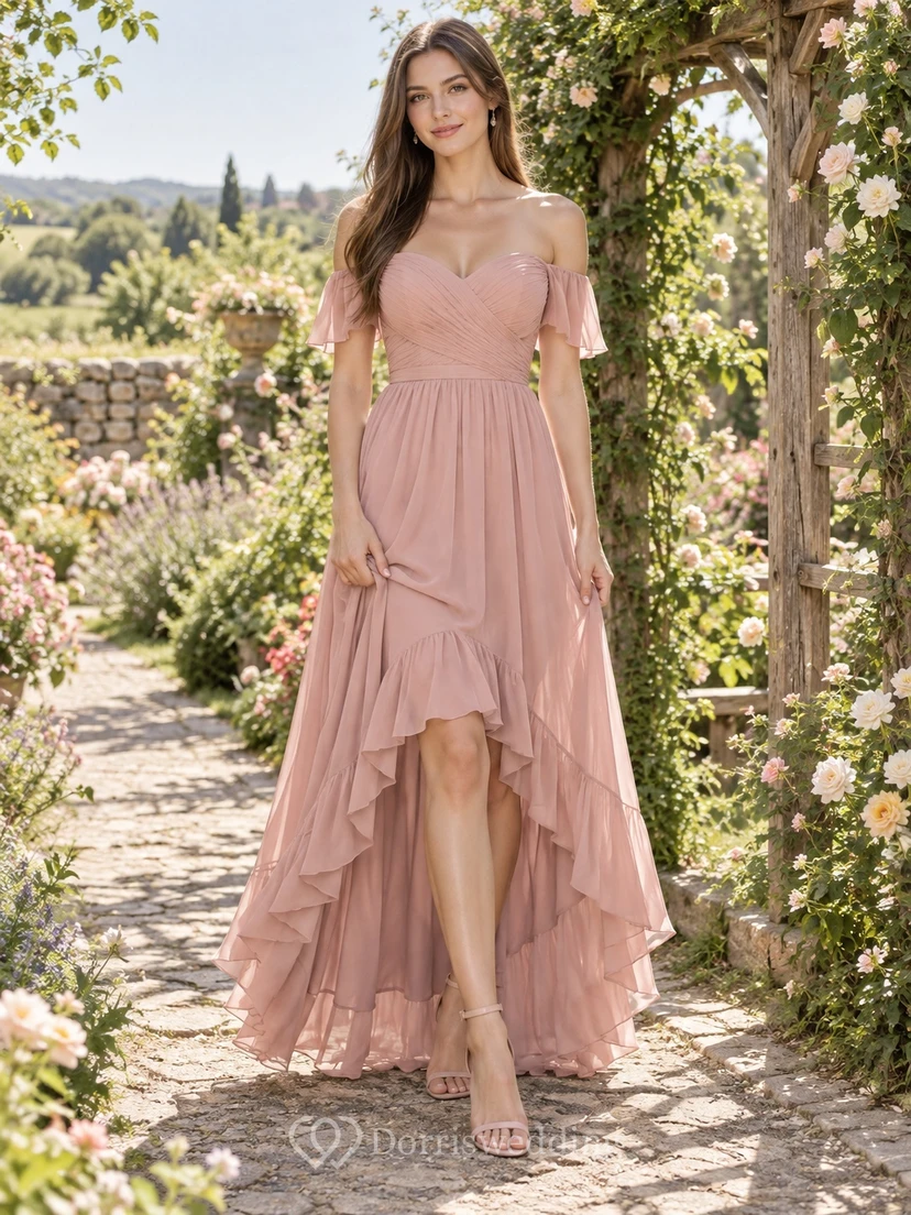 Landhaus-Brautjungfernkleid aus Chiffon in Altrosa mit asymmetrischem Saum und Stufenrock, schulterfrei