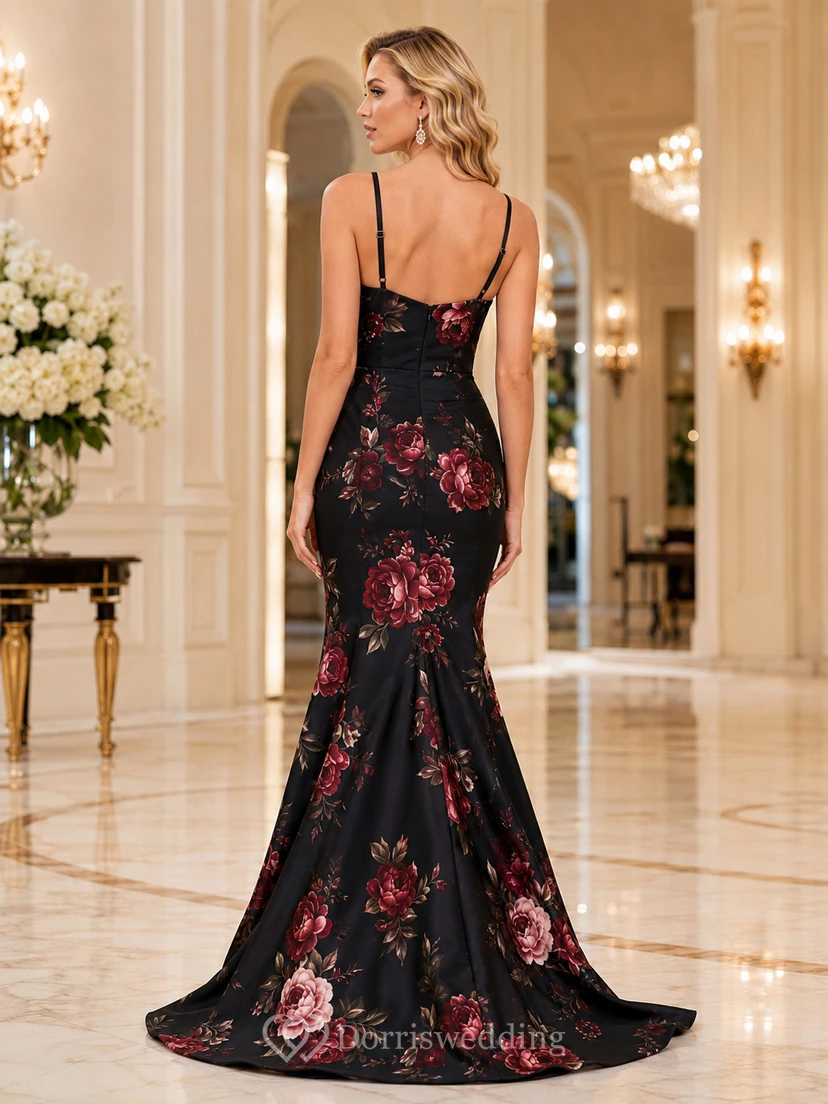 Black Floral Sweetheart Spaghetti Strap Mermaid Formal Evening Gown view 2