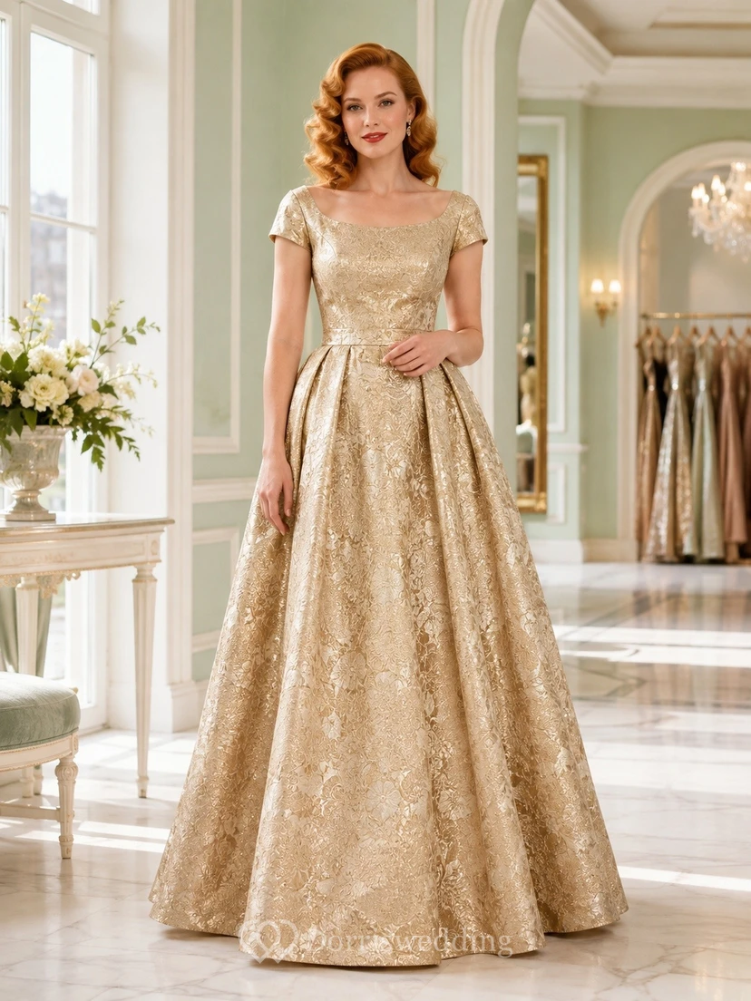 Gold Vintage 1950s Lace Short Sleeve Satin A-Line Formal Gown Dress