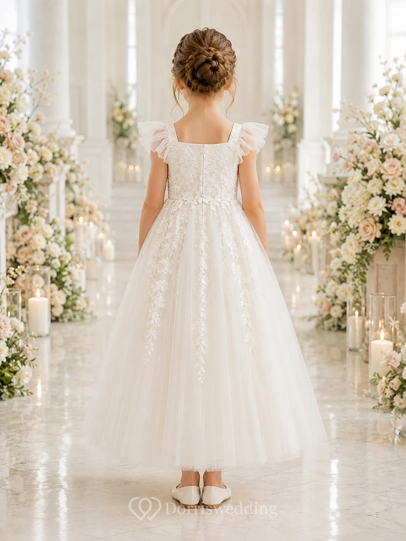 Blumenmädchenkleid aus elfenbeinfarbenem Spitzenoberteil und Tüll in Teelänge view 2