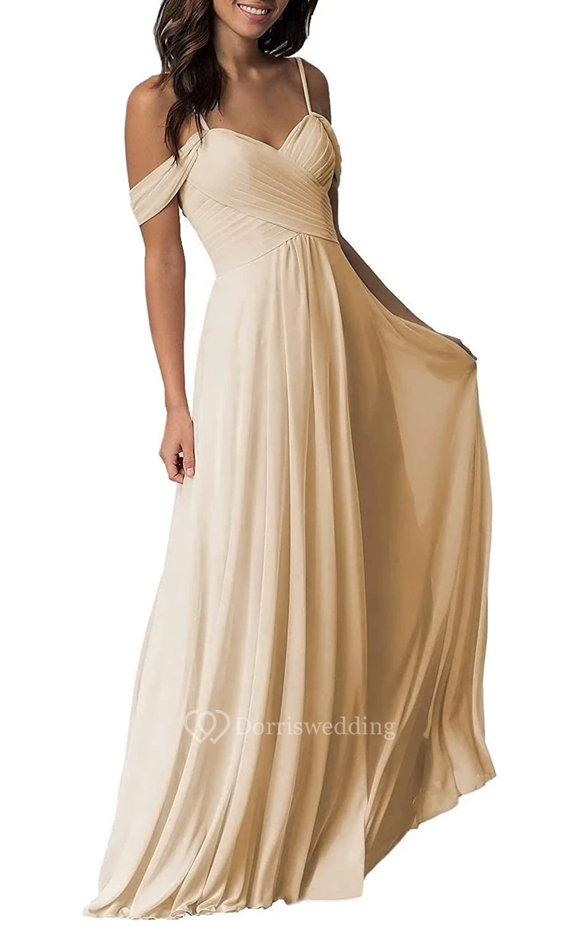 Off-the-shoulder A Line Sleeveless Floor-length Chiffon Bridesmaid Dress With Ruching view 4