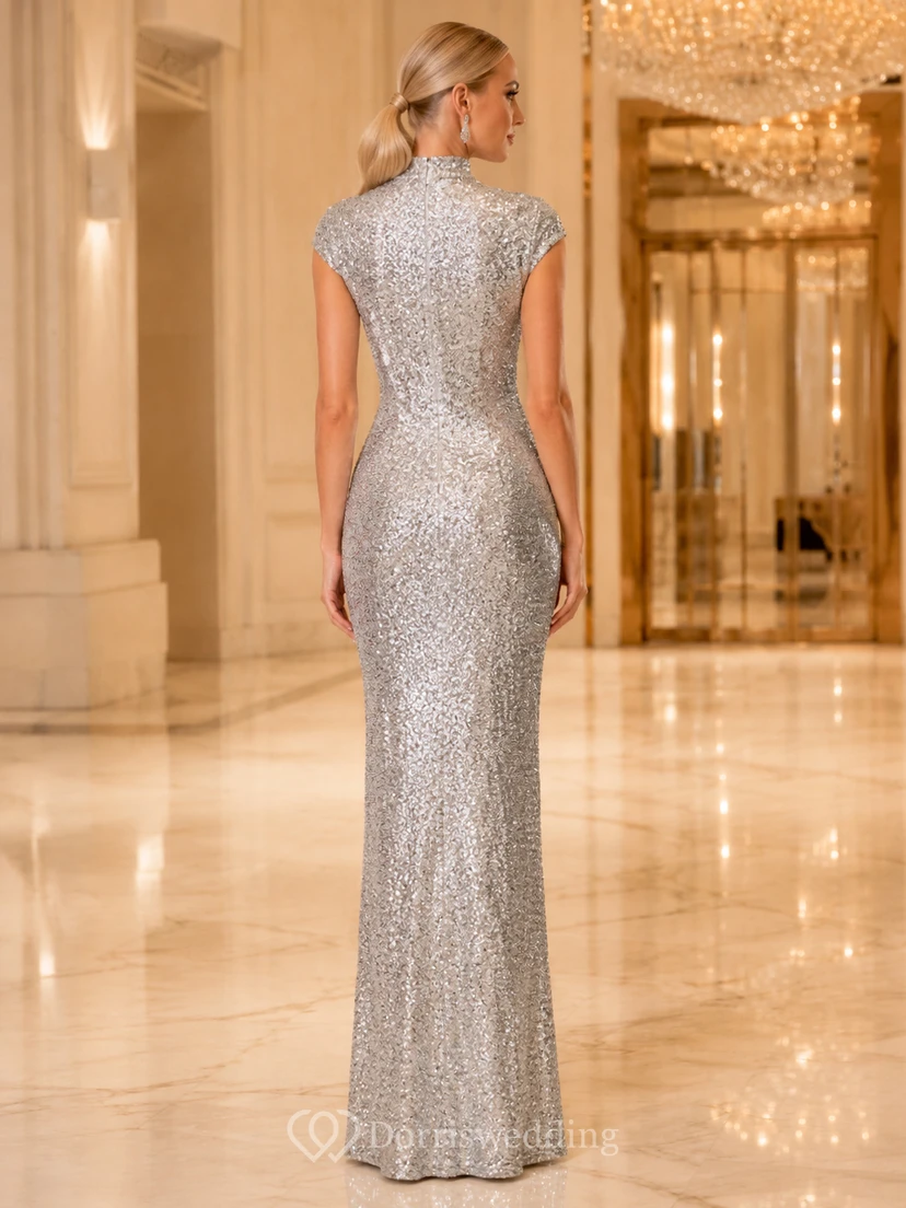 Silver High Neck Sequin Cap Sleeve Evening Dress view 2