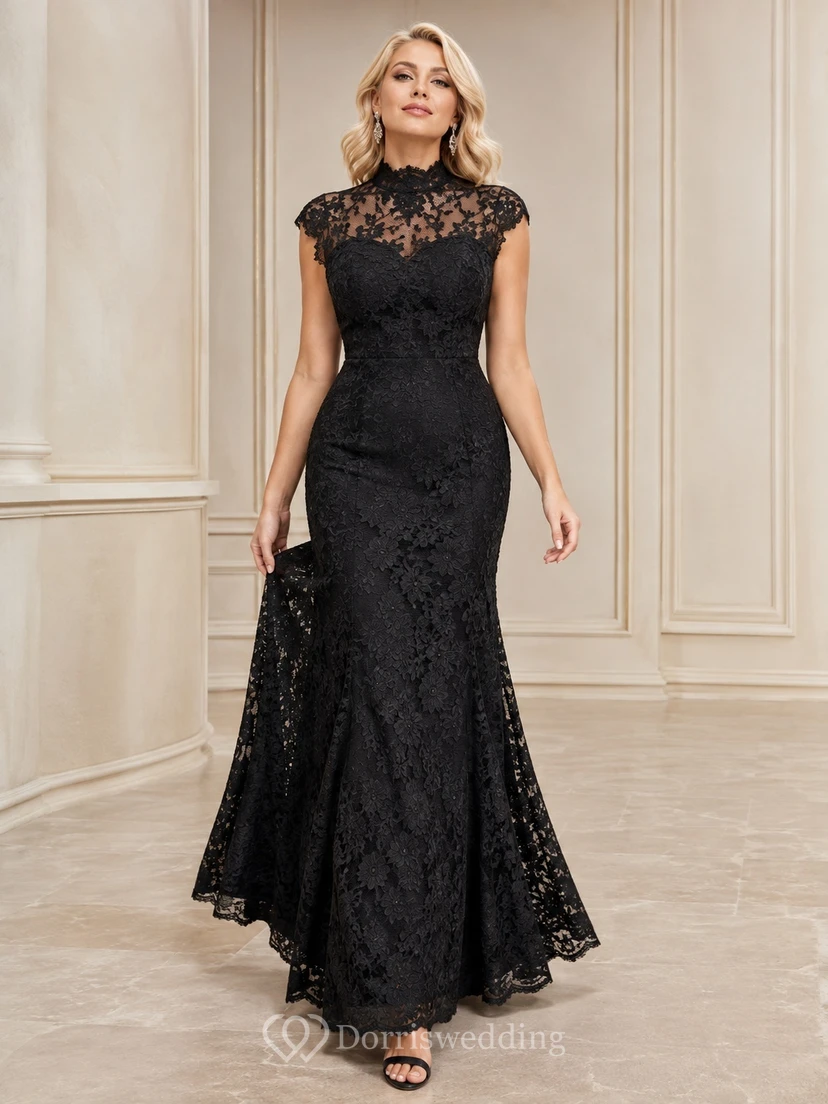 Modest Black High Neck Cap Sleeve Lace Mermaid Floor-Length Mother Gown