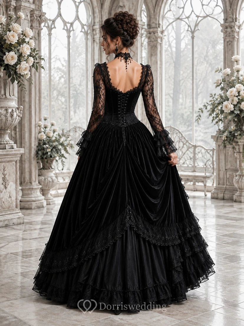 Black Vintage Gothic Bell Sleeve Lace Ball Gown Floor-length Corset Formal Dress view 2