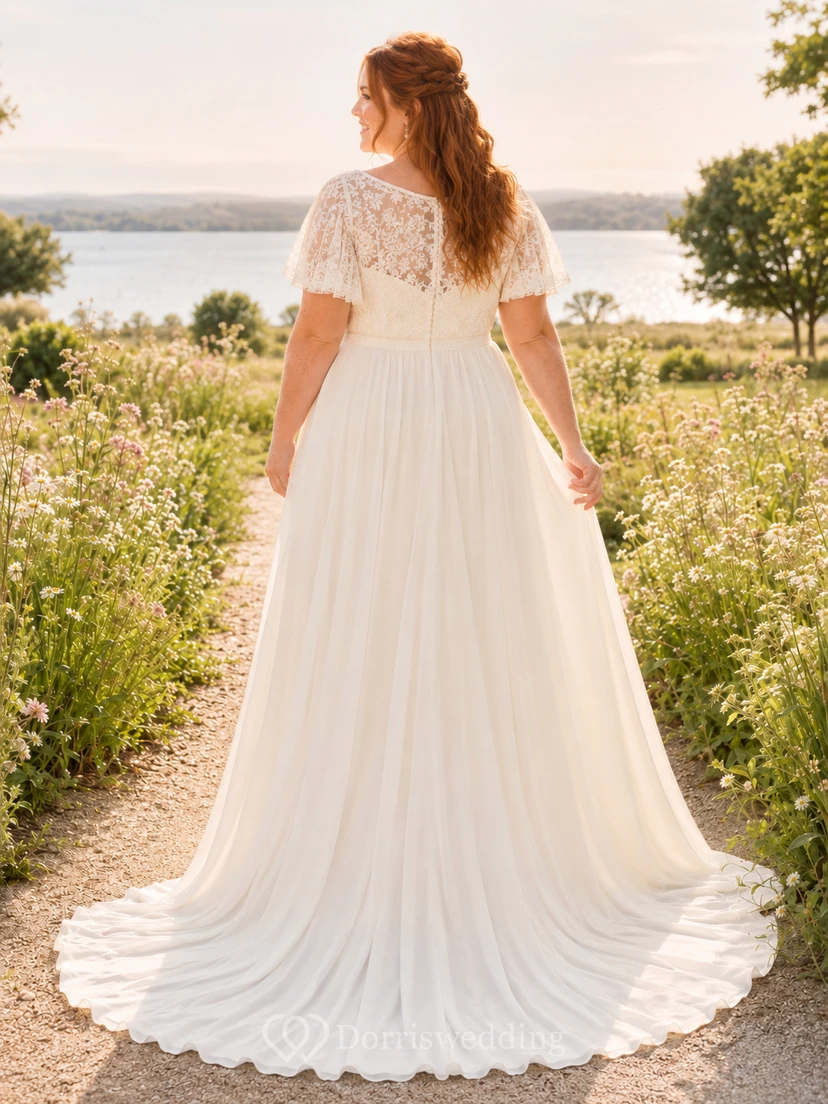 Chiffon Wedding Dress A-Line Jewel Neck Cap Sleeve Sweep Train Bridal Gown view 2