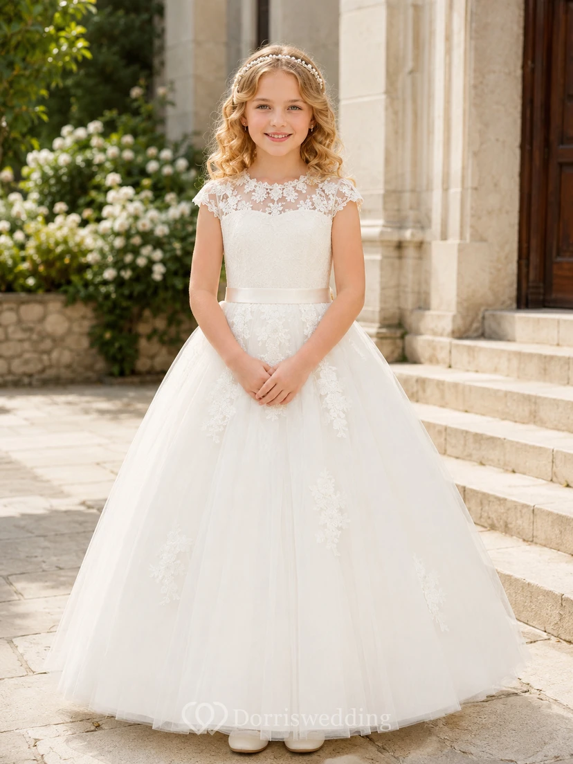 Blumenmädchenkleid, elfenbeinfarben, aus Spitze und Tüll, A-Linie, kurze Ärmel, Rundhalsausschnitt, bodenlang, mit Schärpendetails