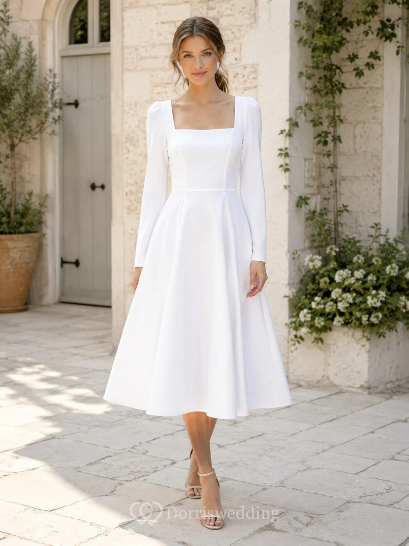 Schlichtes, weißes Jersey-Gästekleid mit langen Ärmeln, eckigem Ausschnitt, A-Linie und Teelänge