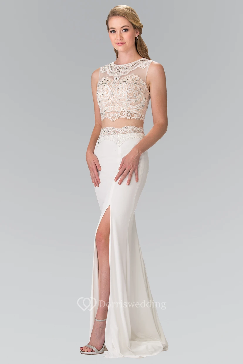 Two-Piece Sheath Scoop-Neck Sleeveless Jersey Illusion Dress With Split Front And Beading