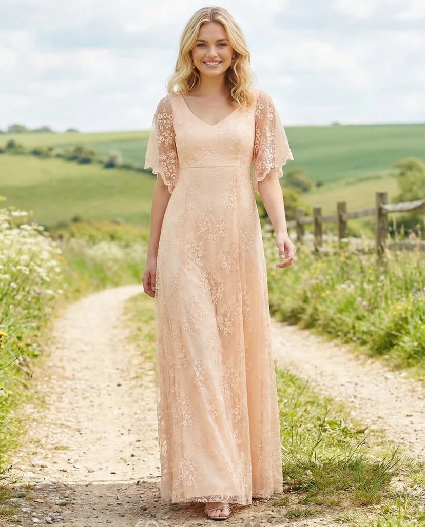 Boho Lace A-Line Gown with Bell Sleeves