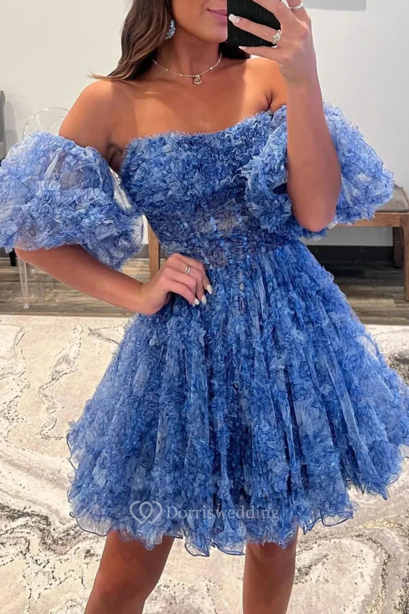 Blaues schulterfreies Rüschenkleid view 2