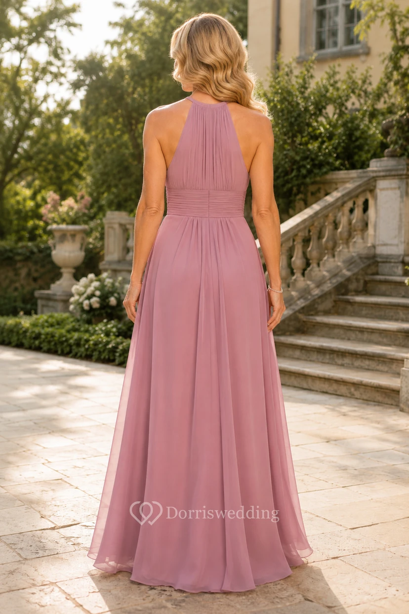 Mauvefarbenes Chiffon-Kleid in A-Linie mit Neckholder und Rüschenrock view 2