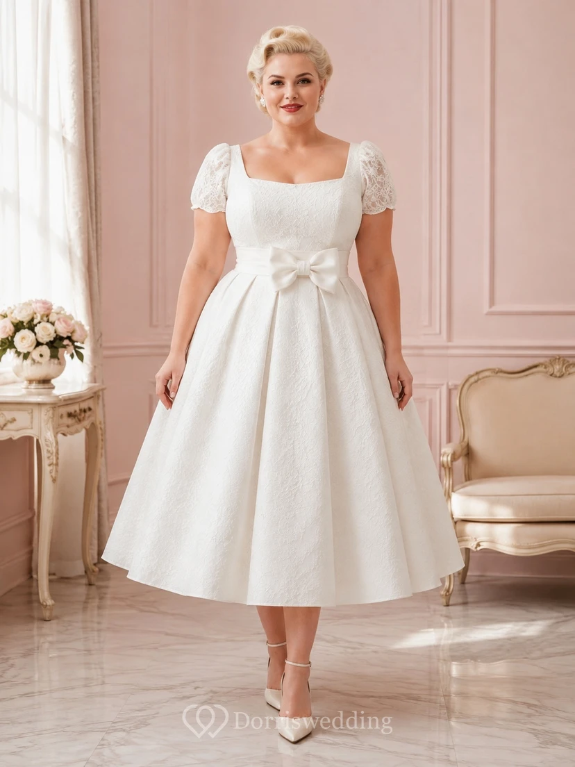 Schlichtes, wadenlanges Brautkleid im Stil der 1950er Jahre aus Satin in Übergröße mit eckigem Ausschnitt, Puffärmeln und A-Linien-Schnitt