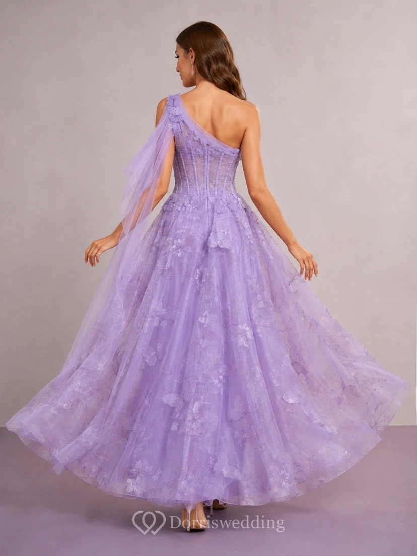 Lavender One-Shoulder Sleeveless Cascading Ruffle Tulle Prom Dress view 2