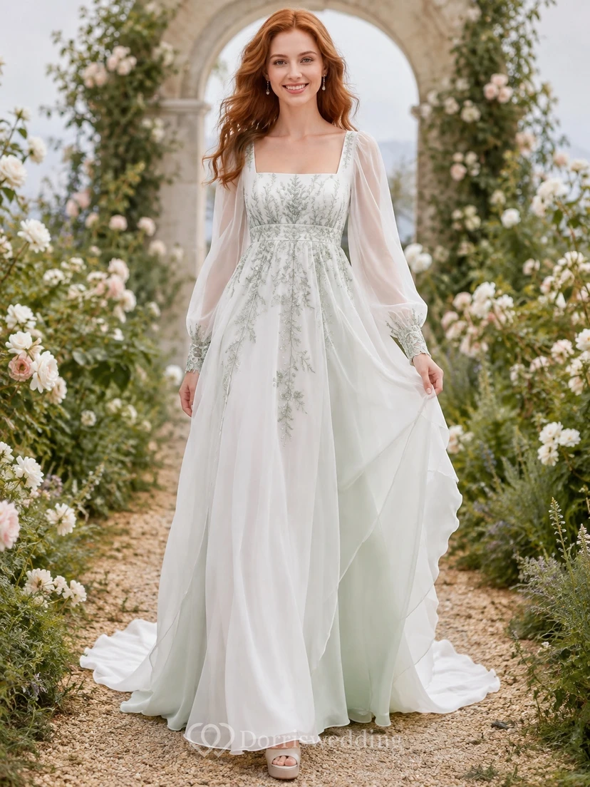 Celadon Whispered Bridal A-Line Square Long Sleeve Chapel Train Bohemian Romantic Gown