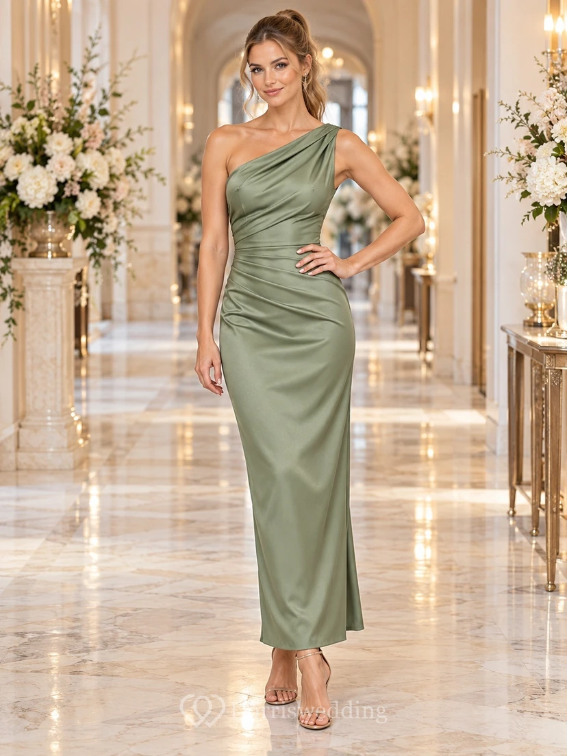 Sage One Shoulder Satin Ruched Waist Fitted Wedding Guest Dress