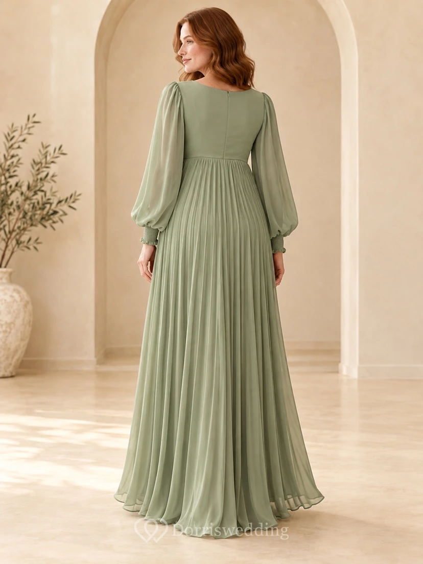 Maternity Long Sleeve Modest Sage Bateau Fine Pleated Formal Gown view 2