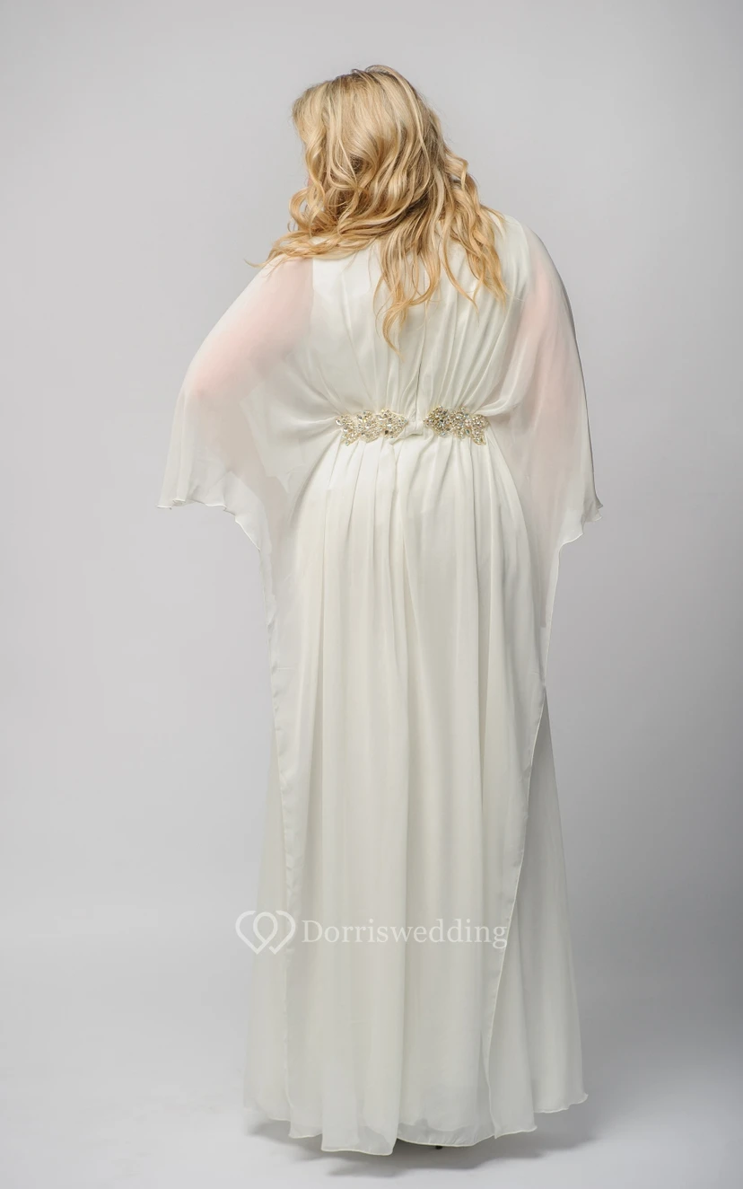 Empire-Kleid aus Chiffon, bodenlang, mit U-Boot-Ausschnitt, halben Ärmeln, Kristallverzierungen und Reißverschluss view 2