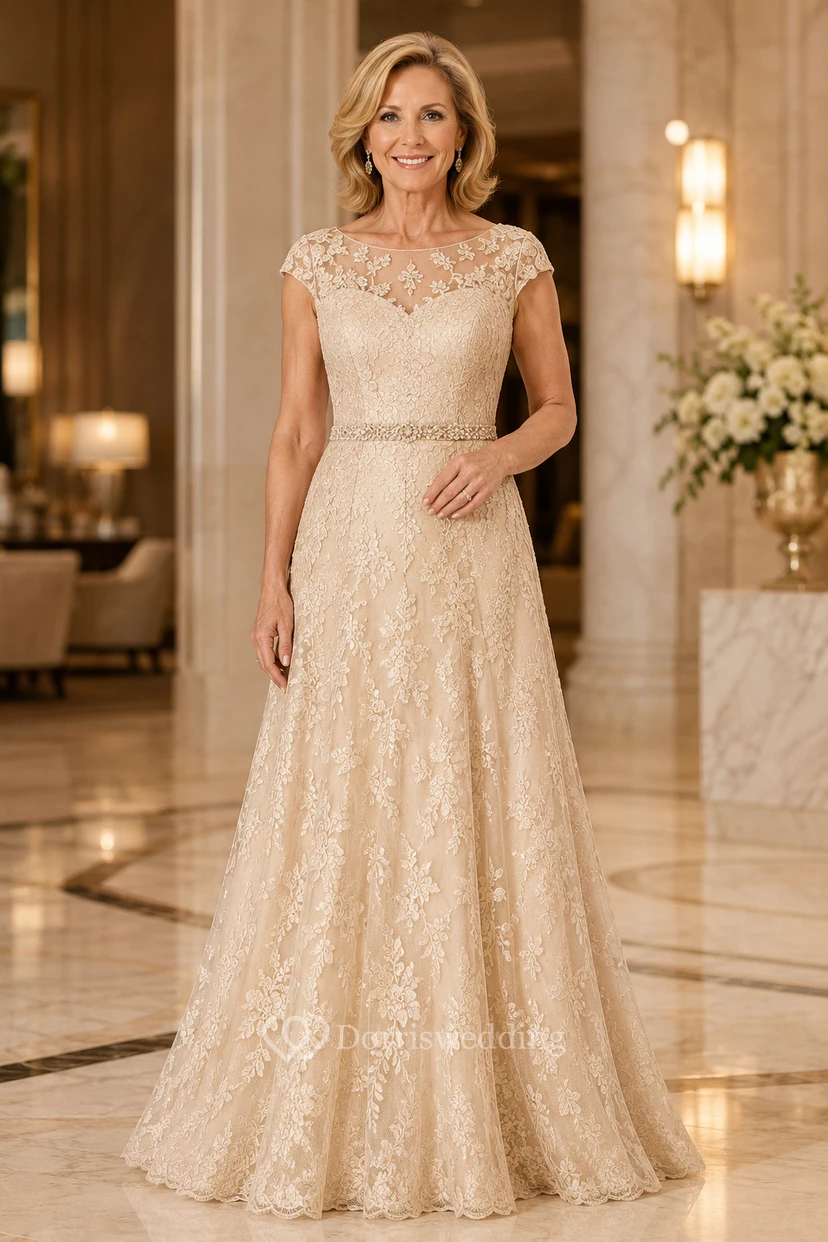 Champagnerfarbenes Pailletten-Spitzenkleid in A-Linie mit kurzen Ärmeln