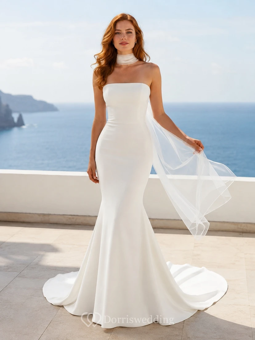 Trägerloses, hochgeschlossenes Satin-Etuikleid mit drapierter Schärpe – modernes Brautkleid für eine intime Hochzeit