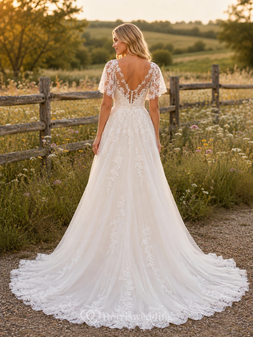 Brautkleid im Landhausstil mit Spitze, A-Linie, V-Ausschnitt, kurzen Ärmeln, Schleppe und tiefem V-Ausschnitt am Rücken view 2