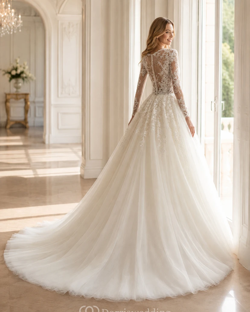 Robe de bal longue à manches longues effet illusion royale - Robe de mariée en tulle ornée d'appliqués de dentelle et traîne cathédrale view 3
