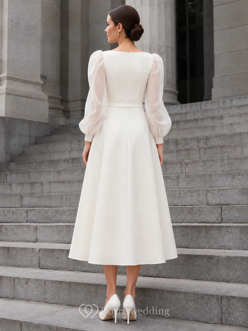 Modest Bateau Neck Sheer Long Sleeve Tea Length Wedding Dress view 2