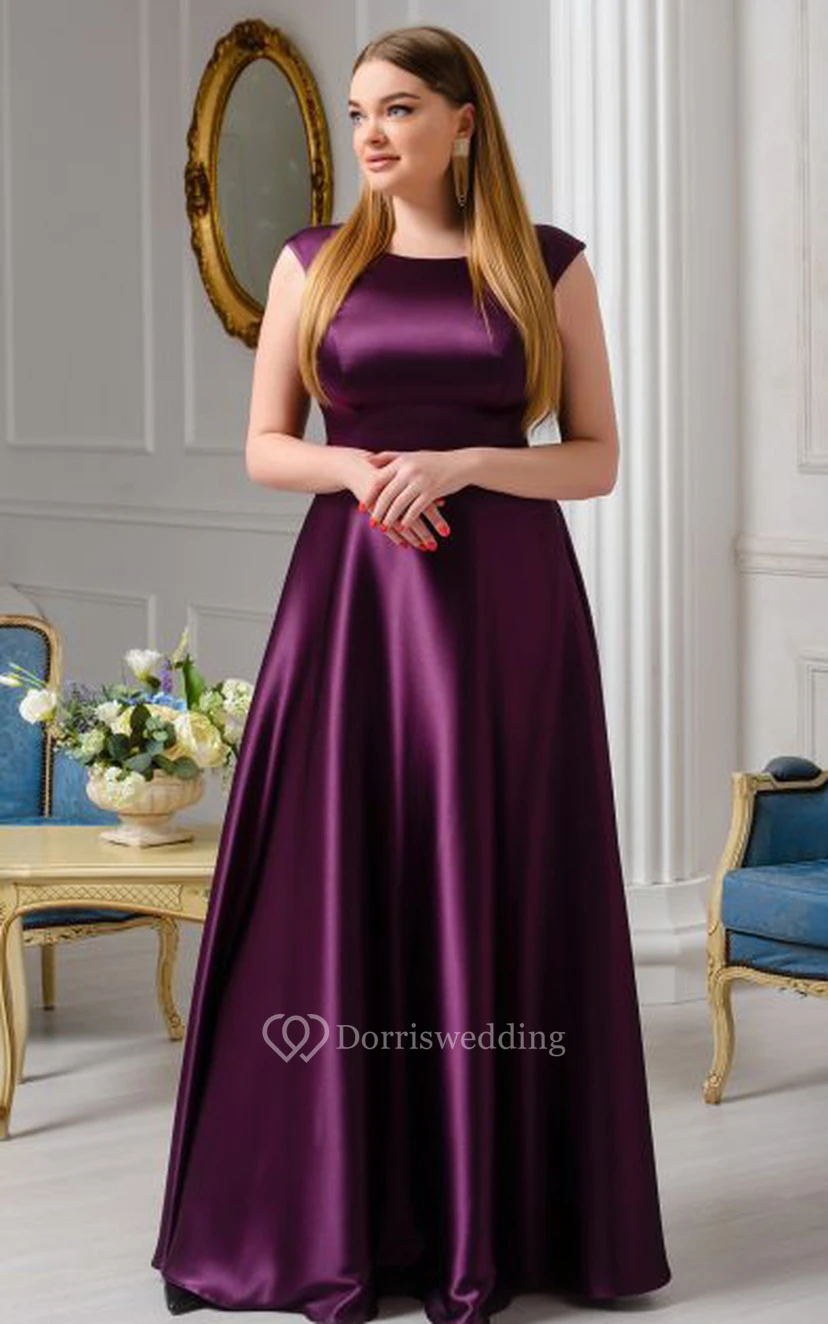Modernes bodenlanges Abendkleid aus Satin mit kurzen Ärmeln, A-Linie und U-Boot-Ausschnitt