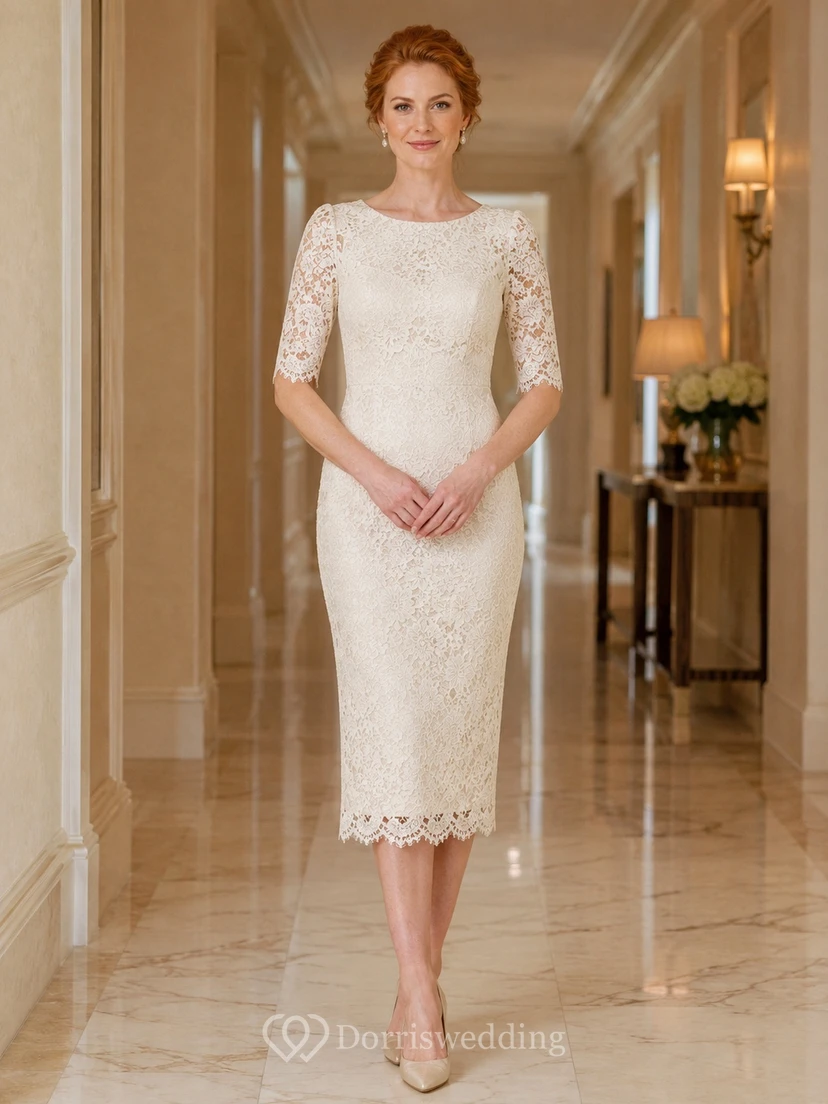 Modest Bateau Three-Quarter Sleeve Lace Sheath Tea-Length Civil Wedding Dress