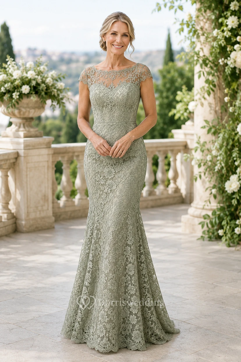Ärmelloses Meerjungfrauen-Kleid aus Spitze in Salbeigrün