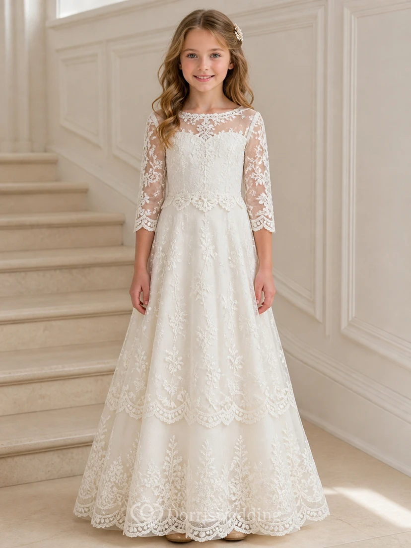 Modest Flower Girl Floor-length A-Line Scalloped Lace Sleeve Dress