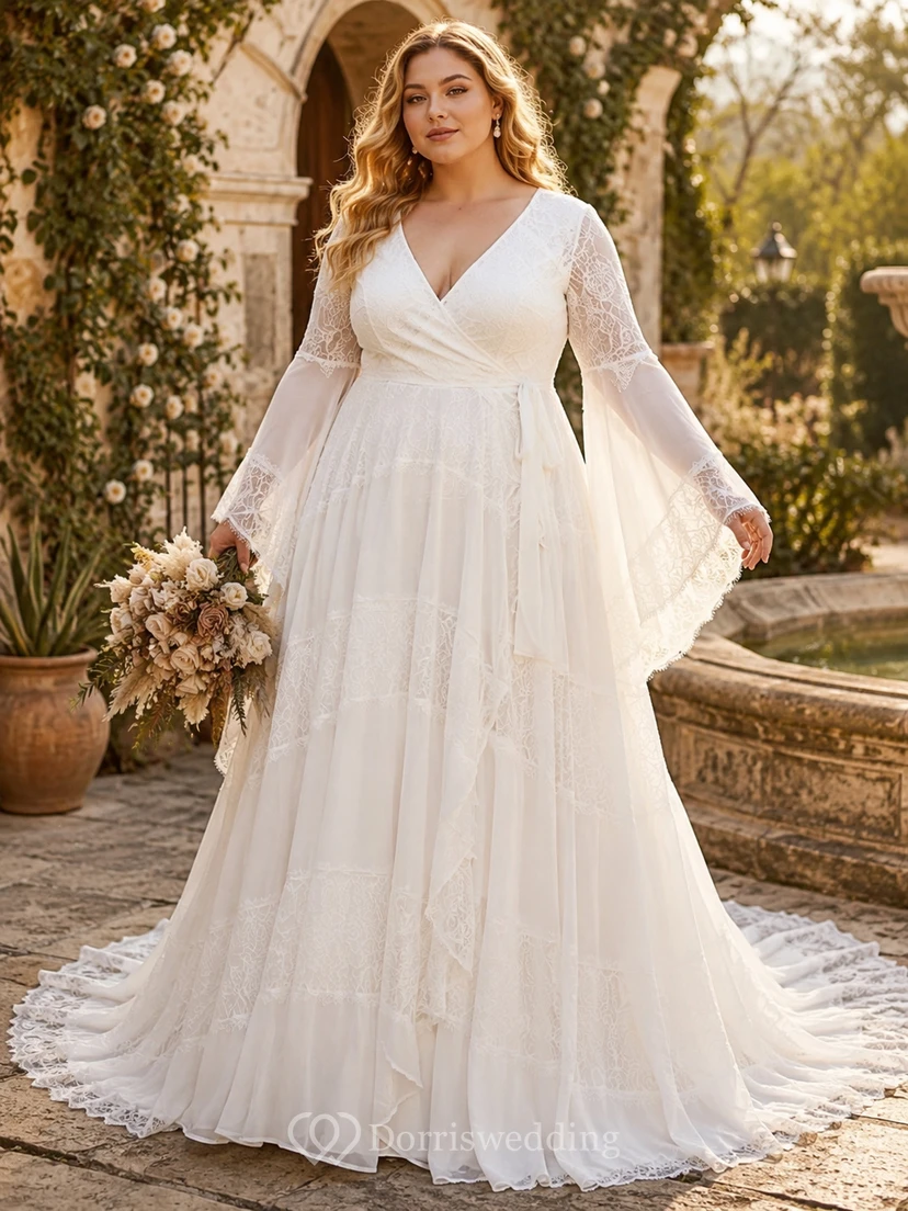 Long Bell Sleeve Lace A-Line Wedding Dress with Ruffle Drape view 5