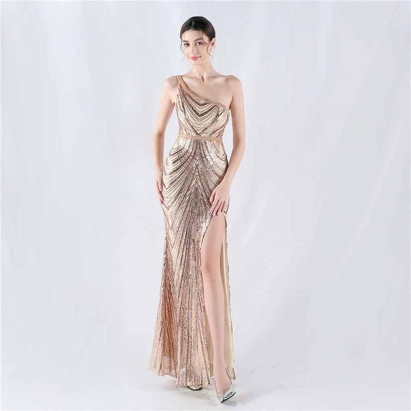 Vestido de noche asimétrico con escote alto y escote alto, adornado con cuentas florales y flores. view 53