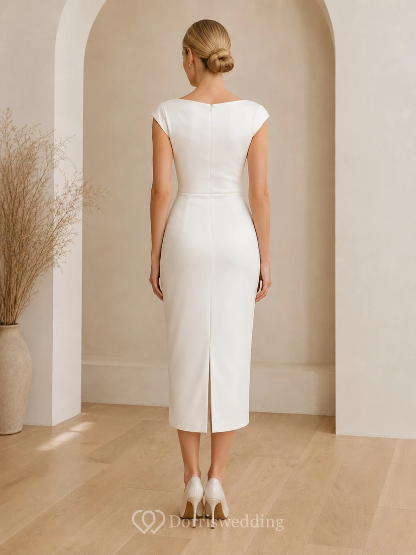White Guest Dress Sheath Satin Bateau Cap Sleeve Tea-Length Simple Elegant Style view 2