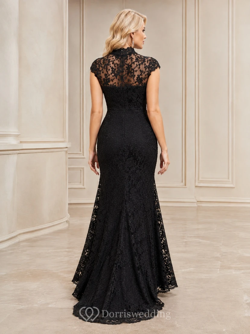 Modest Black High Neck Cap Sleeve Lace Mermaid Floor-Length Mother Gown view 2