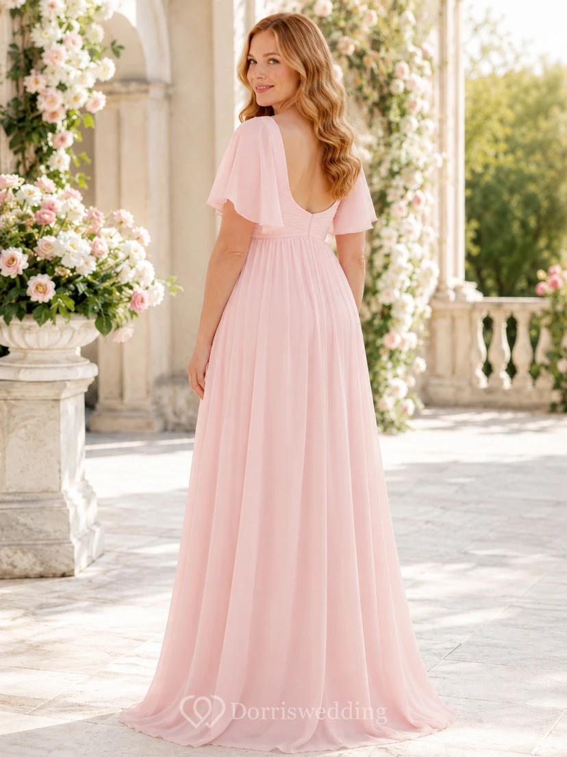 Romantisches Umstandskleid aus Chiffon mit zartrosa, quadratischen Blütenblattärmeln für Brautjungfern in zartem Rosa view 2