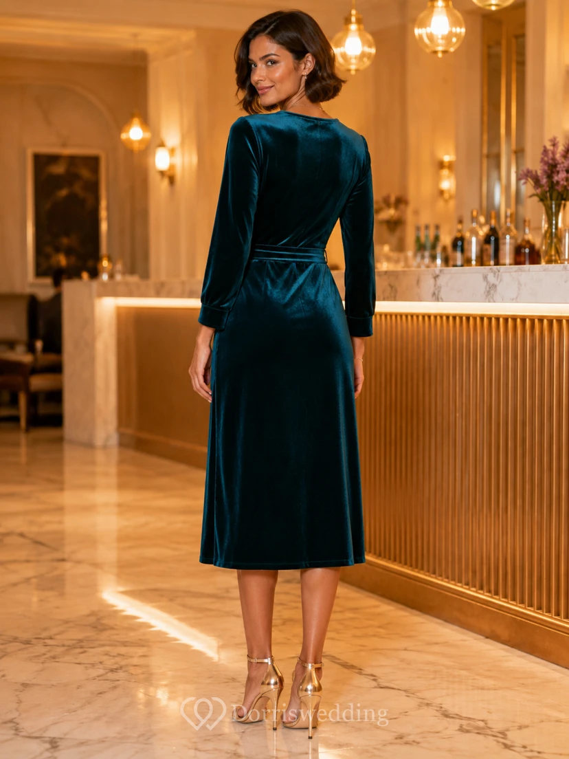 Türkisfarbenes Samt-Wickelkleid mit V-Ausschnitt, langen Ärmeln und Midi-Länge view 2