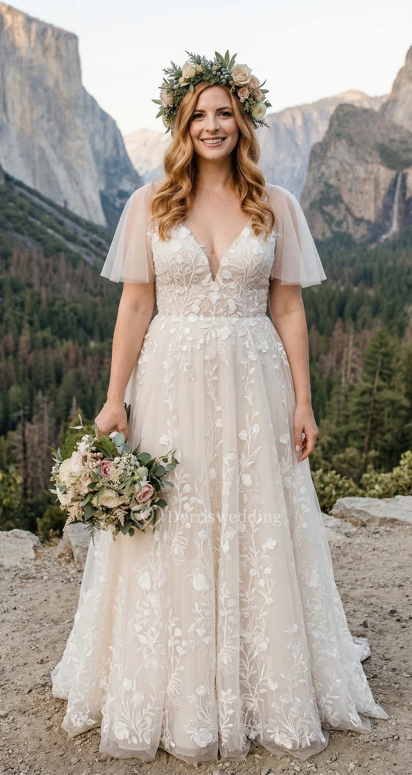 Robe de mariée grande taille en dentelle florale avec manches courtes et jupe trapèze à col en V
