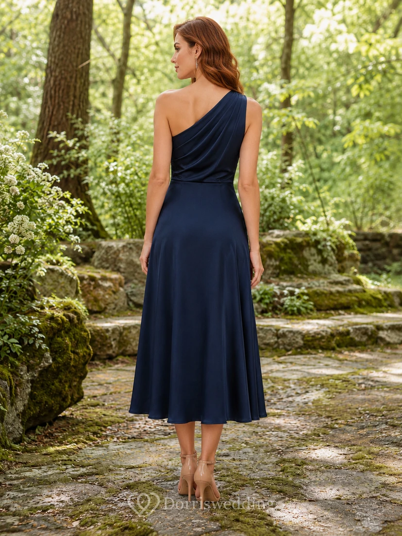 Woodland Dark Navy One-Shoulder Satin Sheath Tea-Length Draped Guest Dress view 2
