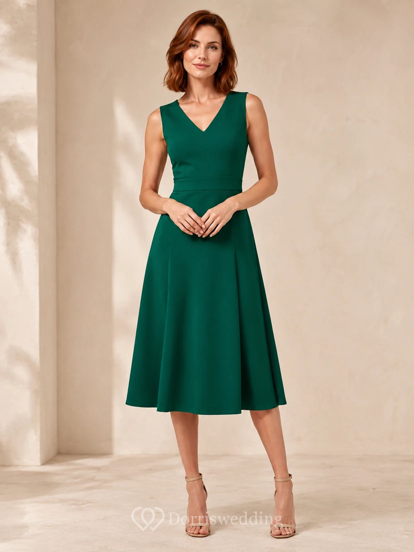 Emerald sleeveless V-neck knee length fit flare cocktail dress