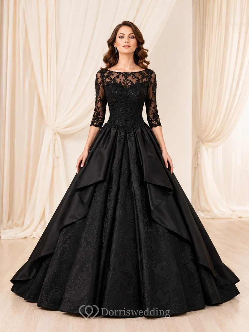 Black Bateau Neck Three-Quarter Sleeve Lace Taffeta Ball Gown Prom Dress