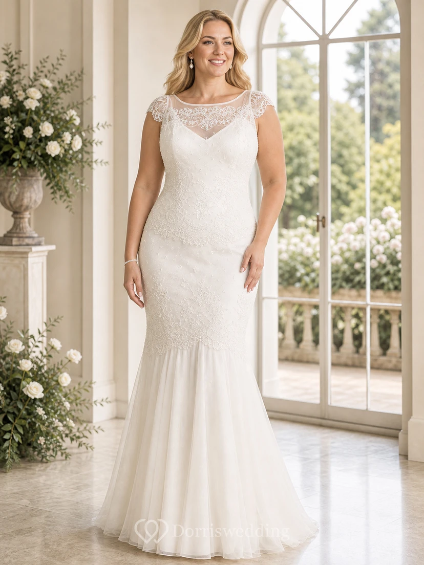 Vestido de novia maxi de encaje con escote redondo y mangas cortas con efecto ilusión. view 4