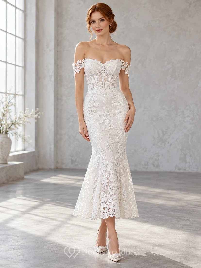 Boho Off Shoulder Crochet Lace Ankle-length Mermaid Bridal Wedding Dress