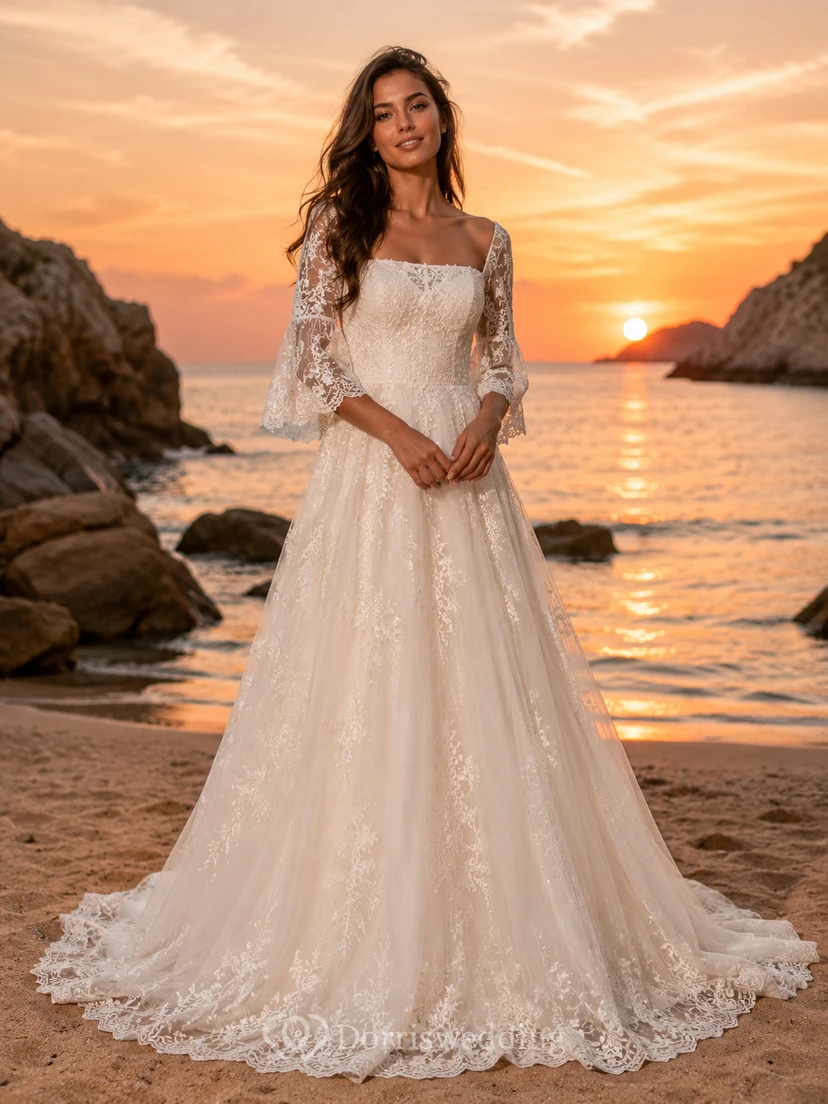 Long Lace Sleeve A Line Beach Boho Wedding Dress