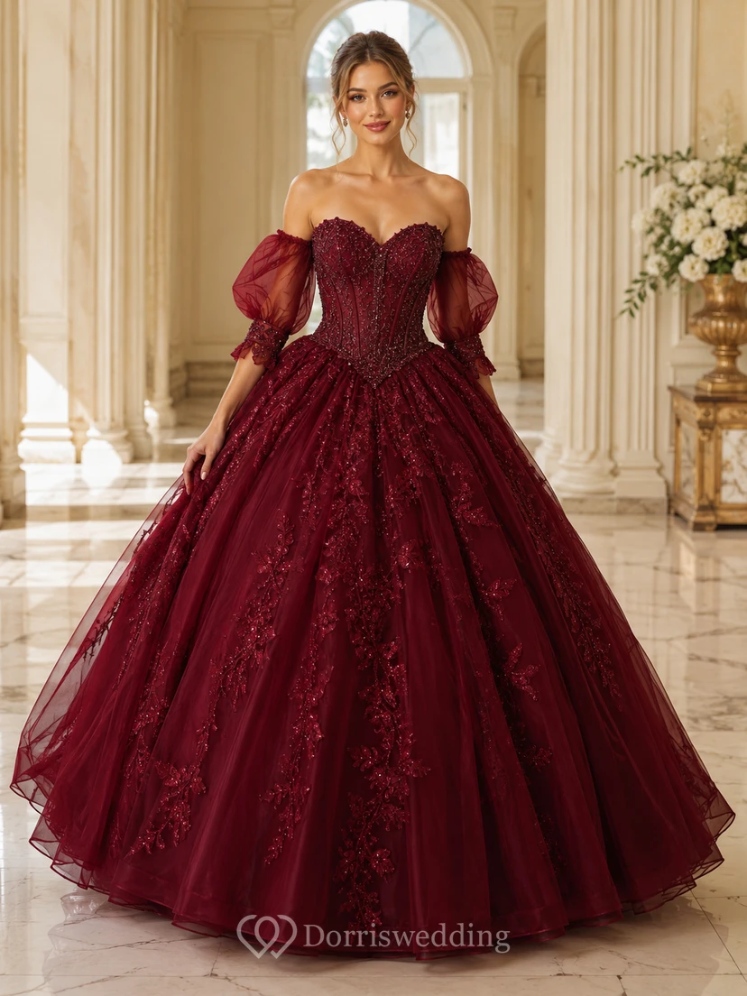 Robe de bal de princesse de quinceañera bordeaux de luxe, à manches bouffantes amovibles et dentelle superposée