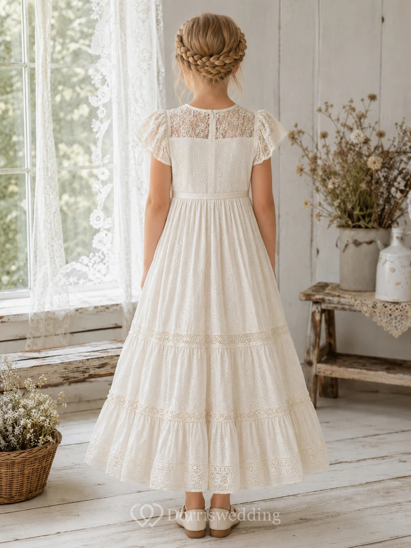 Cottagecore Kommunionkleid mit U-Boot-Ausschnitt, kurzen Ärmeln und Stufenspitze view 2