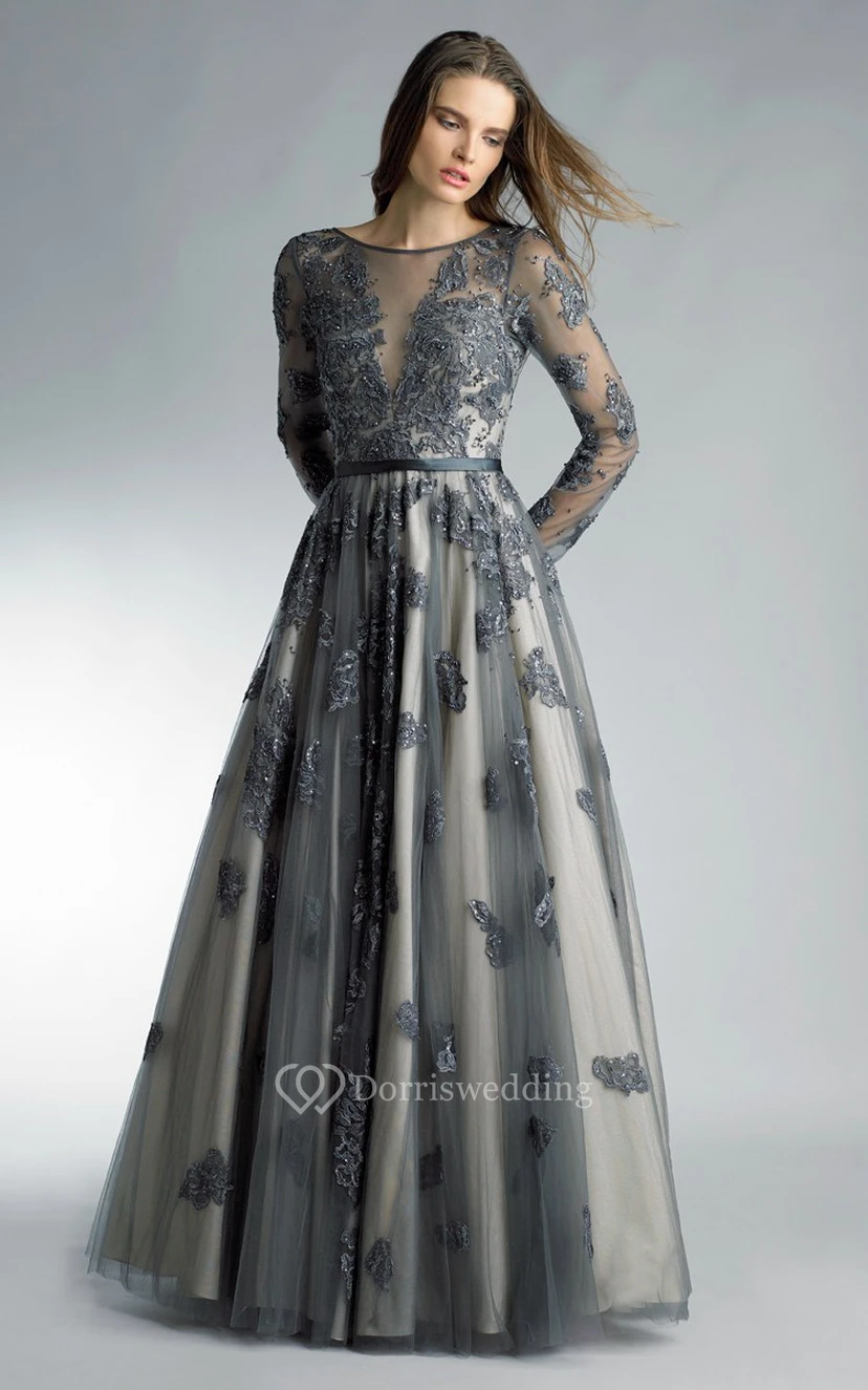 A-line Floor-length High Neck Long Sleeve Tulle Zipper Dress view 4